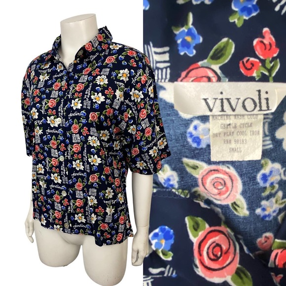 Novelty Flower Garden Print Button Up Collared Blouse / Women’s Small - Picture 4 of 4